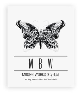 Black and white logo featuring an intricately detailed butterfly above the initials "MBW" and the text "MBONGIWORKS (Pty) Ltd" with company registration numbers below.