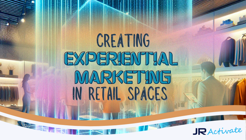 Group of people looking at displays in a retail store with the text "Creating Experiential Marketing in Retail Spaces" superimposed on top. The JRActivate logo is in the bottom right corner.