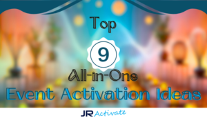 Blurred image of colorful lights and text: "Top 9 All-in-One Event Activation Ideas" with a logo at the bottom.