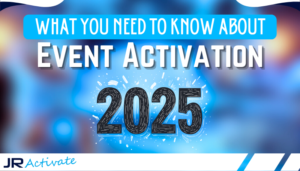 Text reads "What You Need to Know About Event Activation 2025" with JR Activate logo at the bottom. Background is blue with blurred lights.